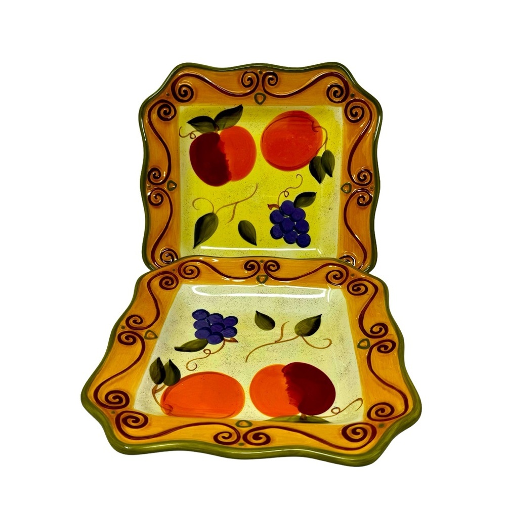 2 Medici | Hand Painted Hand Crafted Square Fruit Bowls 10” - Picture 3 of 4